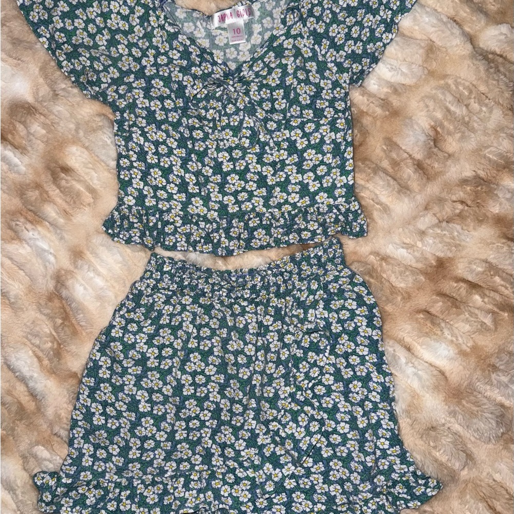 Girls Two-Piece Green Daisy Print Casual Dress Set